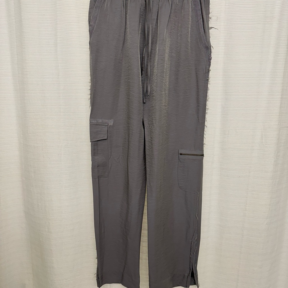 Anthropologie Grey Silk Cargo Pants w/ Drawstring & Pockets